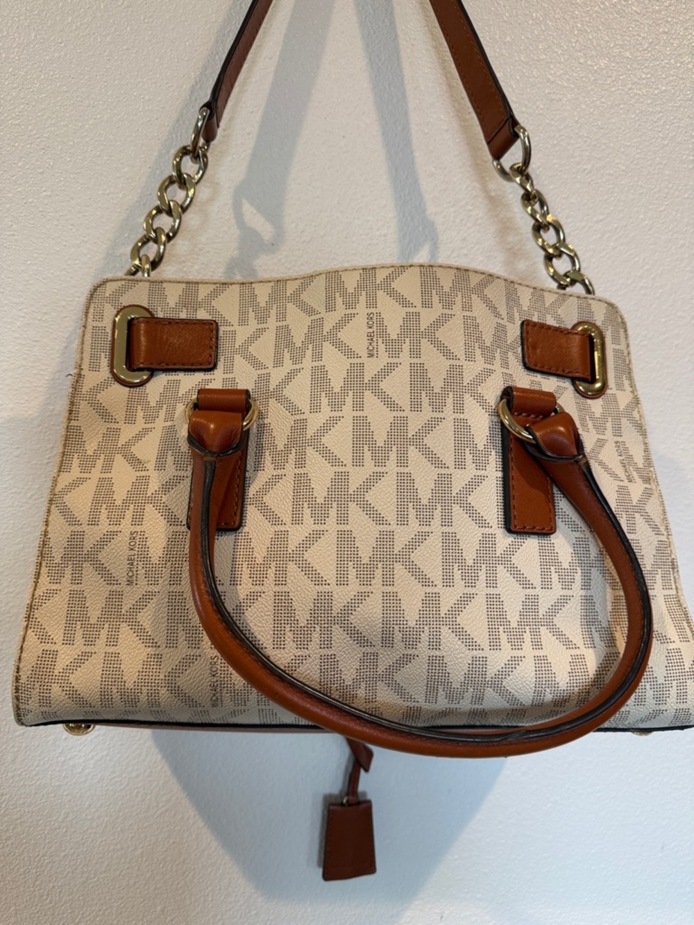 Michael Kors Beige & Brown MK Logo Satchel with Gold Hardware - Picture 3 of 12